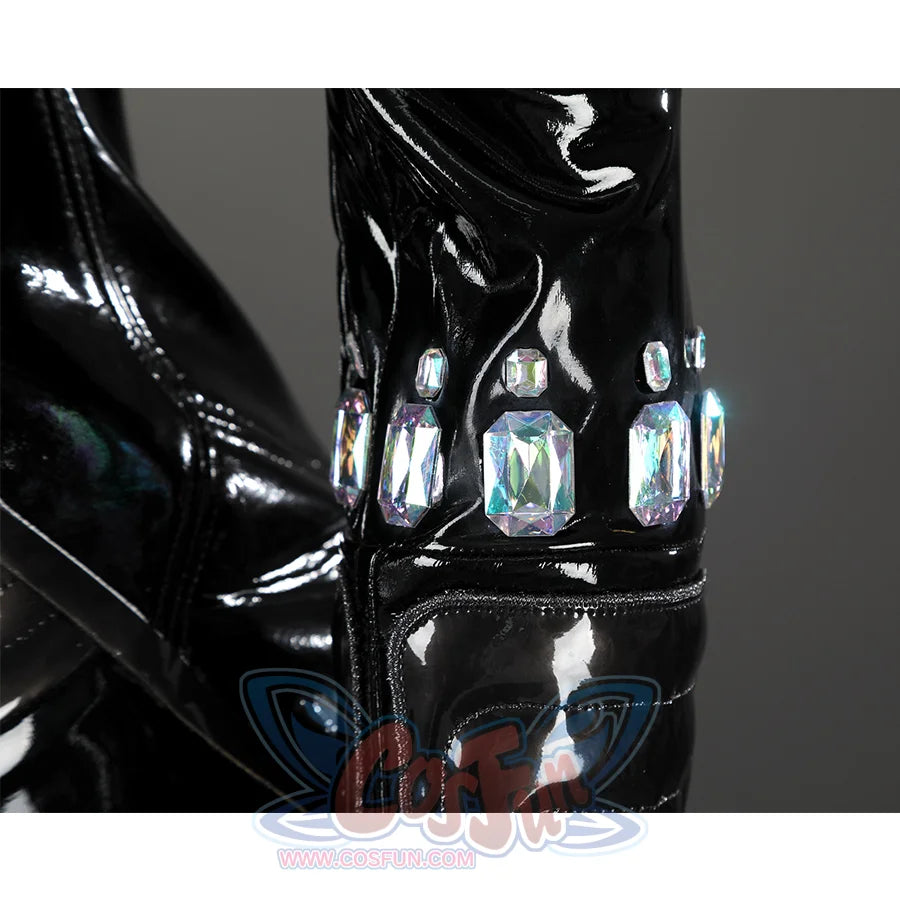 Game Rivals Emma Frost Cosplay Costume, back PU leather gloves with some colorful gems.