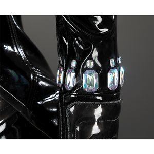 Game Rivals Emma Frost Cosplay Costume, back PU leather gloves with some colorful gems.