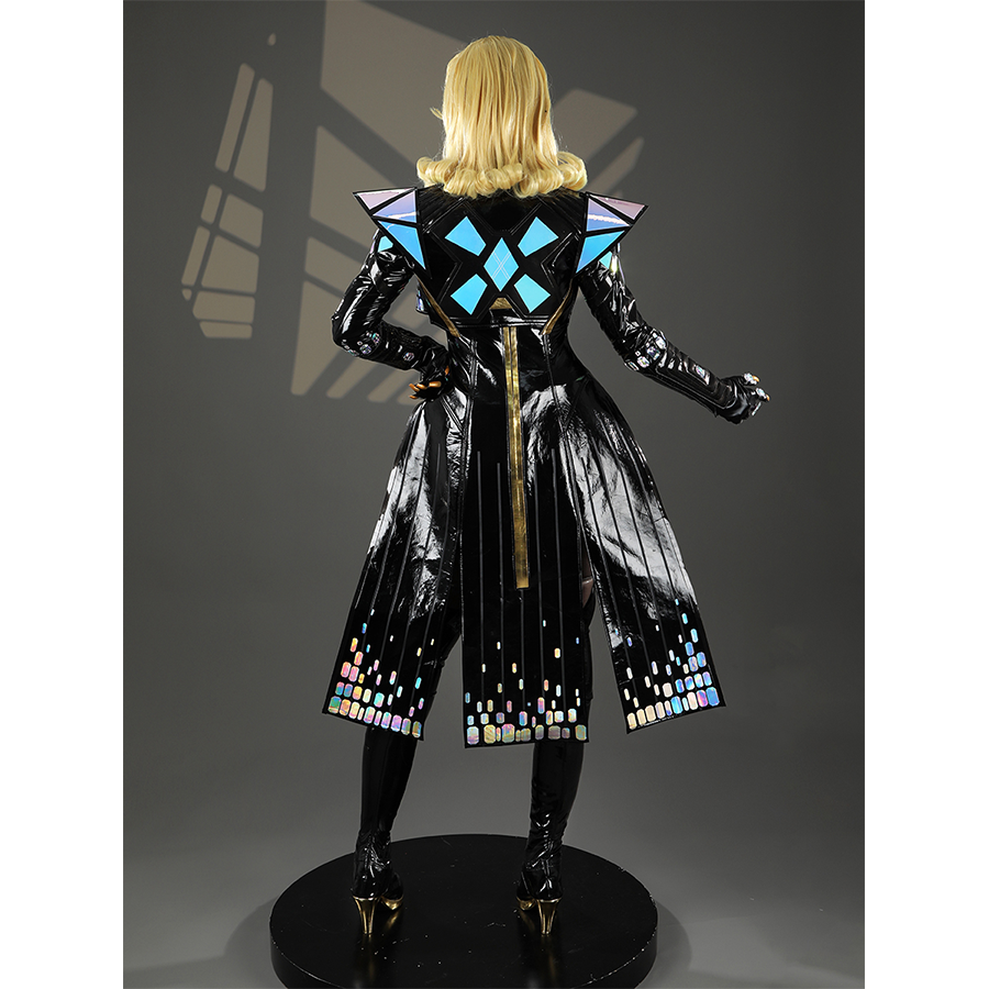 Game Rivals Emma Frost Cosplay Costume, the outfit is made entirely of black, accented with laser-cut material. 