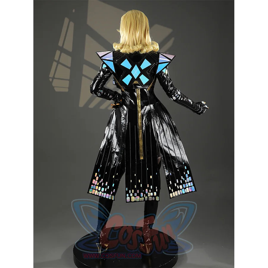 Game Rivals Emma Frost Cosplay Costume, the outfit is made entirely of black, accented with laser-cut material. 