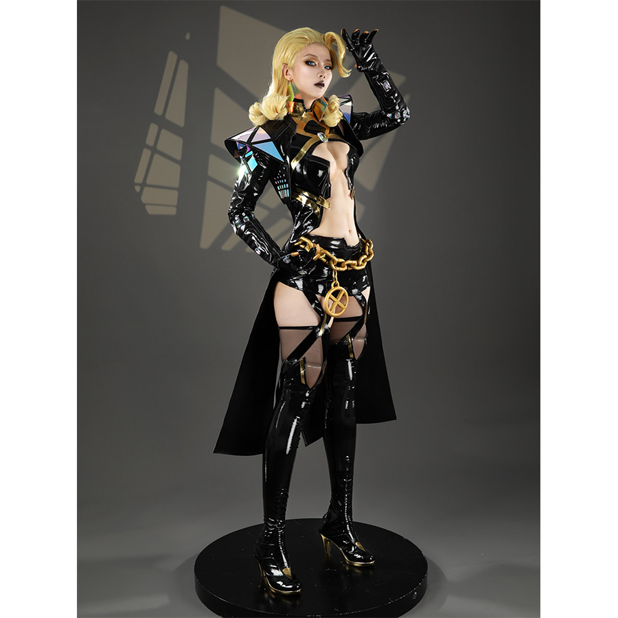 Game Rivals Emma Frost Cosplay Costume, the overall design of the outfit is bold, featuring a large cut-out on the front.