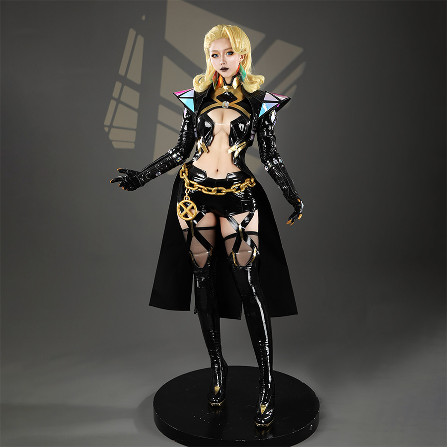 Game Rivals Emma Frost Cosplay Costume, the outfit is made entirely of black PU leather.