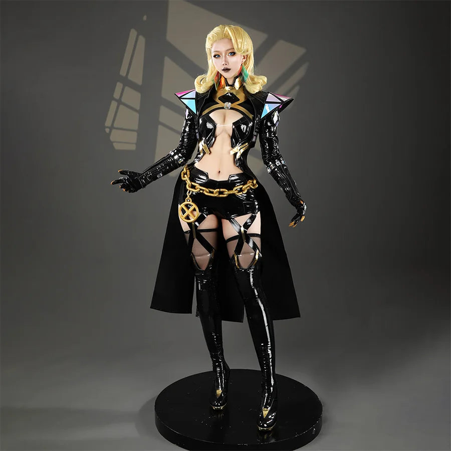 Game Rivals Emma Frost Cosplay Costume, the outfit is made entirely of black PU leather.