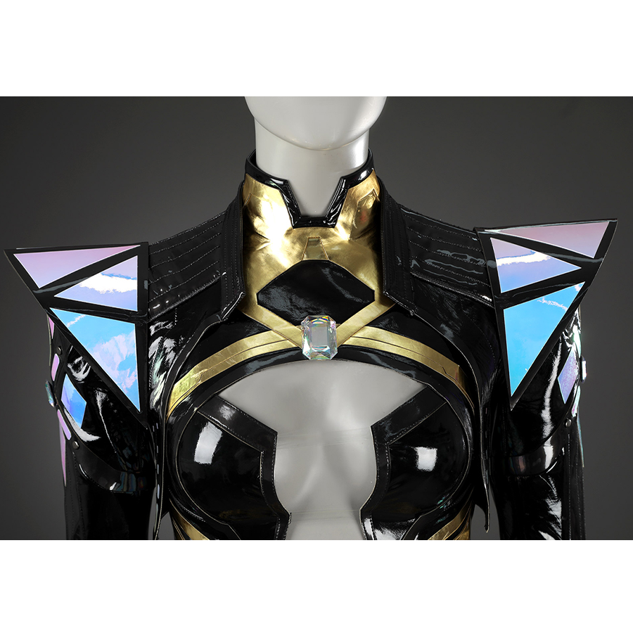 Game Rivals Emma Frost Cosplay Costume, black PU leather overcoat, accented with laser-cut shoulder armor. 