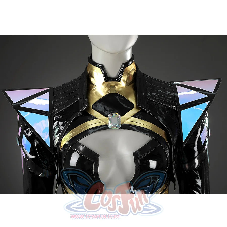 Game Rivals Emma Frost Cosplay Costume, black PU leather overcoat, accented with laser-cut shoulder armor. 