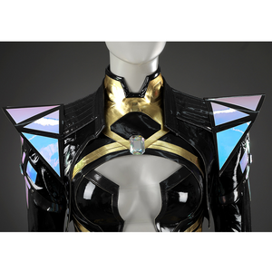 Game Rivals Emma Frost Cosplay Costume, black PU leather overcoat, accented with laser-cut shoulder armor. 