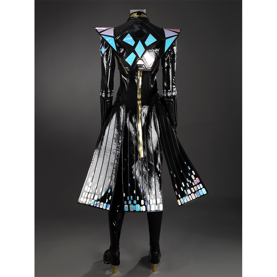 Game Rivals Emma Frost Cosplay Costume, the outfit is made entirely of black, accented with laser-cut material. 