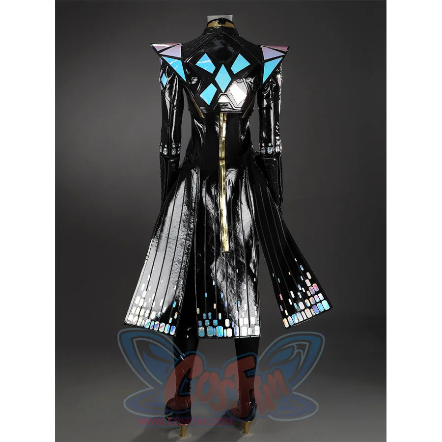 Game Rivals Emma Frost Cosplay Costume, the outfit is made entirely of black, accented with laser-cut material. 