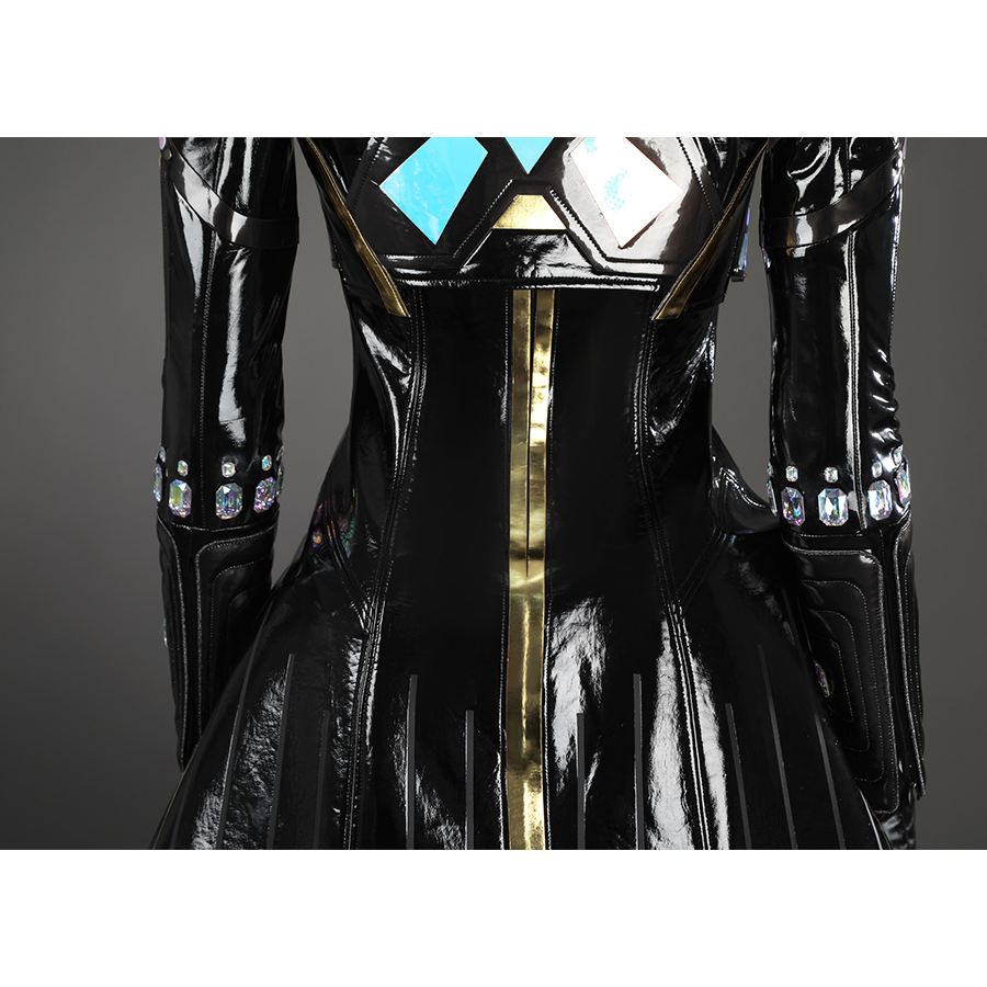 Game Rivals Emma Frost Cosplay Costume, the overcoat has gold stripes on the back.