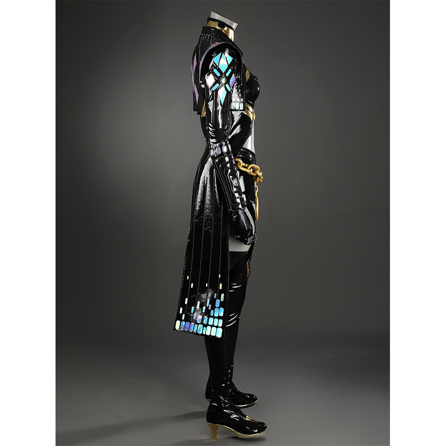 Game Rivals Emma Frost Cosplay Costume, the outfit is made entirely of black, accented with laser-cut material. 