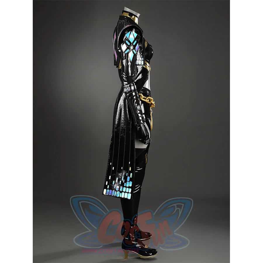 Game Rivals Emma Frost Cosplay Costume, the outfit is made entirely of black, accented with laser-cut material. 