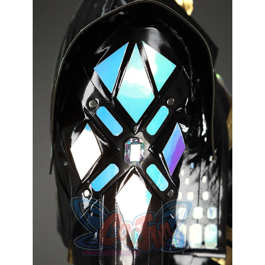 Game Rivals Emma Frost Cosplay Costume, black PU leather overcoat, accented with laser-cut decorations. 