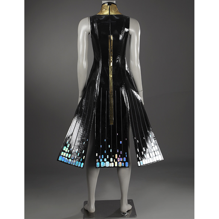 Game Rivals Emma Frost Cosplay Costume, the outfit is made entirely of black, accented with laser-cut material. 