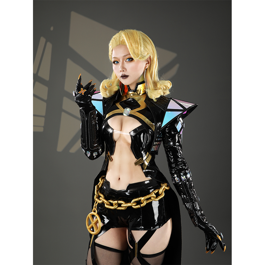 Game Rivals Emma Frost Cosplay Costume, the outfit is made of black PU leather and accented with laser-cut material.