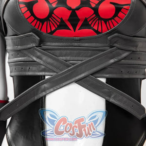 Invisible Woman Malice Cosplay costume details with black, silver accessories, and red design on a white background.