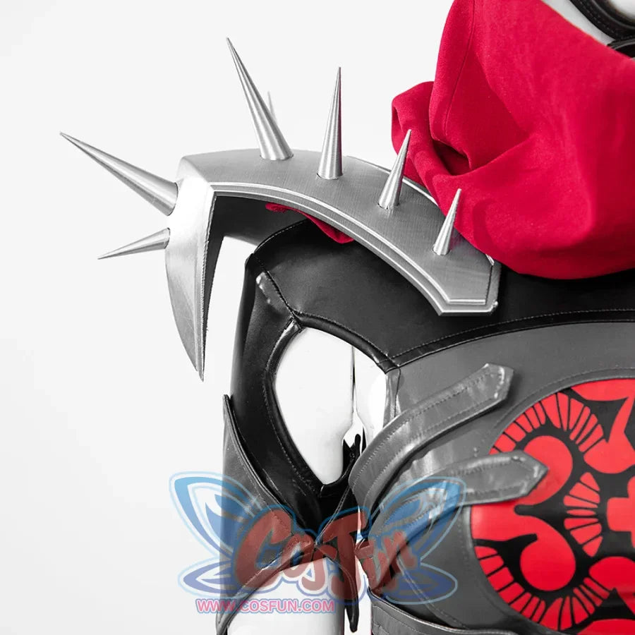 Invisible Woman Malice Cosplay costume details with black, silver accessories, and red design on a white background.