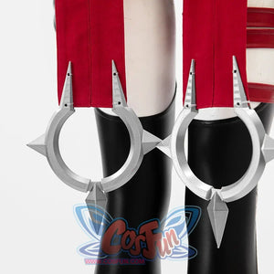 Invisible Woman Malice Cosplay costume details with black, silver accessories, and red design on a white background.