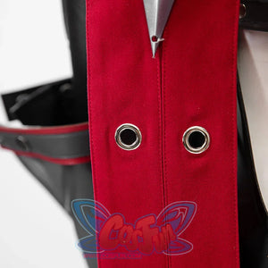 Invisible Woman Malice Cosplay costume details with black, silver accessories, and red design on a white background.