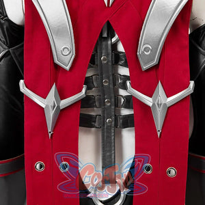 Invisible Woman Malice Cosplay costume details with black, silver accessories, and red design on a white background.