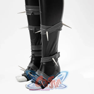 Invisible Woman Malice Cosplay costume details with black, silver accessories, and red design on a white background.