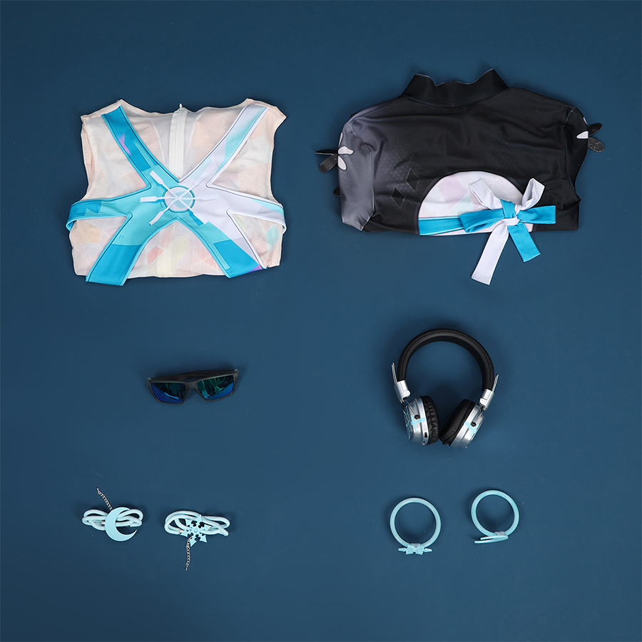 Game Rivals Luna Snow Cosplay Costume, includes top, bodysuit, headphones, bracelets, glasses, leg rings.