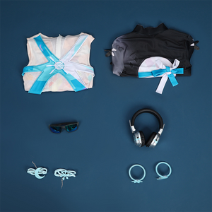 Game Rivals Luna Snow Cosplay Costume, includes top, bodysuit, headphones, bracelets, glasses, leg rings.