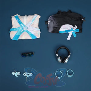 Game Rivals Luna Snow Cosplay Costume, includes top, bodysuit, headphones, bracelets, glasses, leg rings.