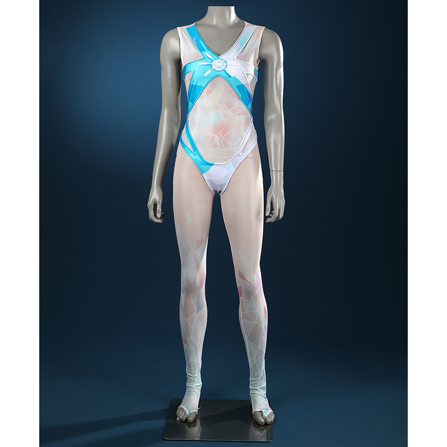 Game Rivals Luna Snow Cosplay Costume, the bodysuit is bule and white with printed mesh fabric.