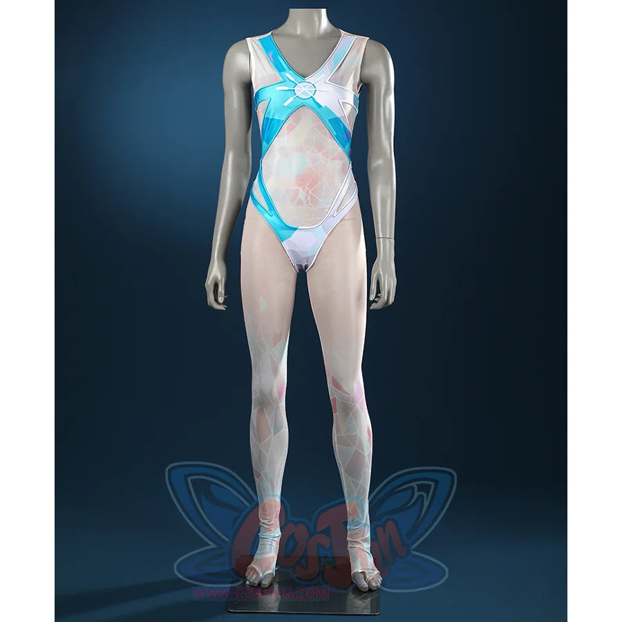 Game Rivals Luna Snow Cosplay Costume, the bodysuit is bule and white with printed mesh fabric.