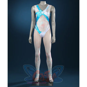 Game Rivals Luna Snow Cosplay Costume, the bodysuit is bule and white with printed mesh fabric.