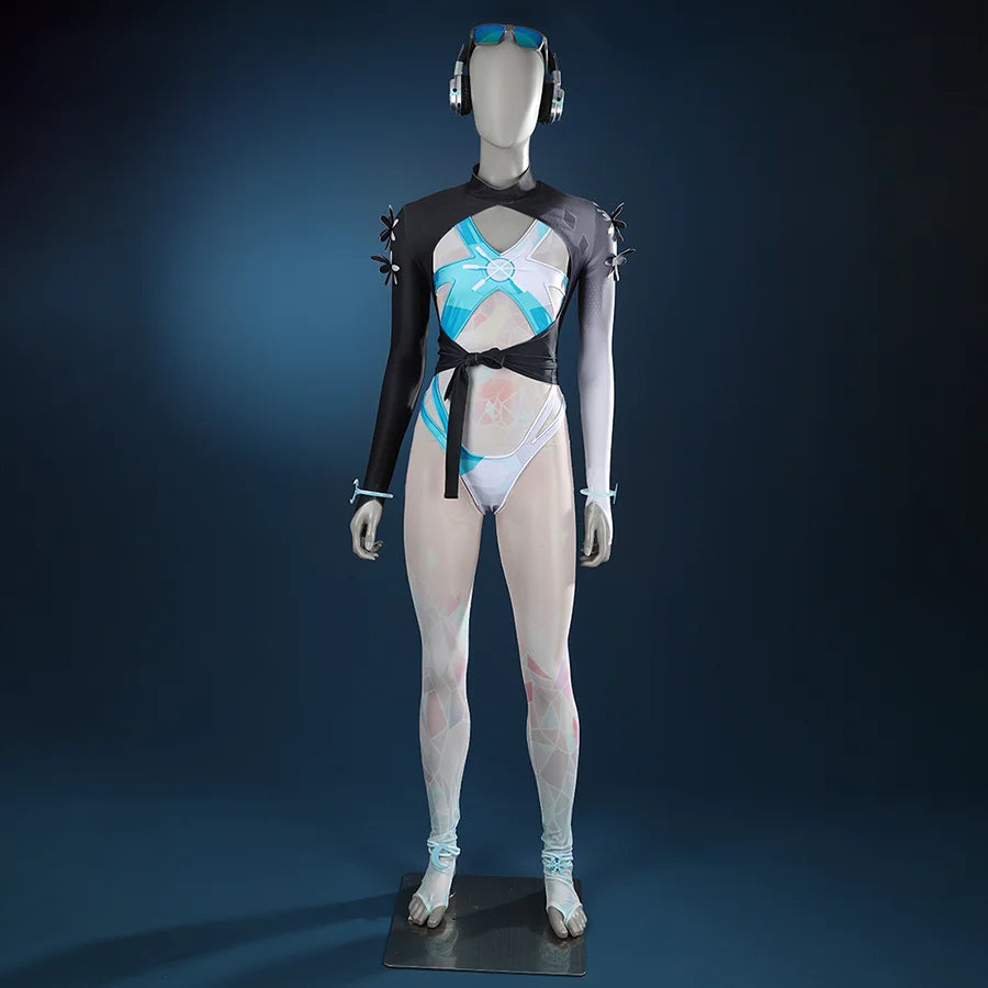 Game Rivals Luna Snow Cosplay Costume, blue, white and black swimsuit, front view.