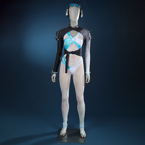 Game Rivals Luna Snow Cosplay Costume, blue, white and black swimsuit, front view.