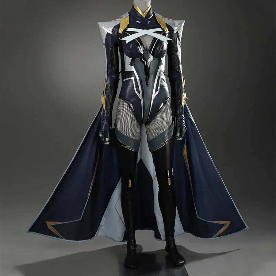 Game Rivals Ororo Munroe Cosplay costume&#39;s overall color scheme is black and blue, supplemented by gold and silver details, the upper body has metallic shoulder armor and a white cross strap on the chest, paired with leather stockings and a long cape.
