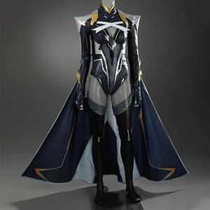 Game Rivals Ororo Munroe Cosplay costume's overall color scheme is black and blue, supplemented by gold and silver details, the upper body has metallic shoulder armor and a white cross strap on the chest, paired with leather stockings and a long cape.