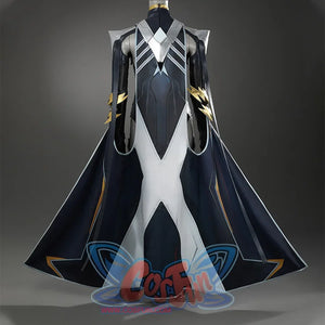 Game Rivals Ororo Munroe Cosplay costume's cape is dark blue with silver stripes, a small amount of gold decorative lines on the edges, there is a white cross-strap prints.