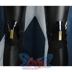 Game Rivals Ororo Munroe Cosplay knee pad is a round black glossy leather with a golden rectangular decoration in the middle.