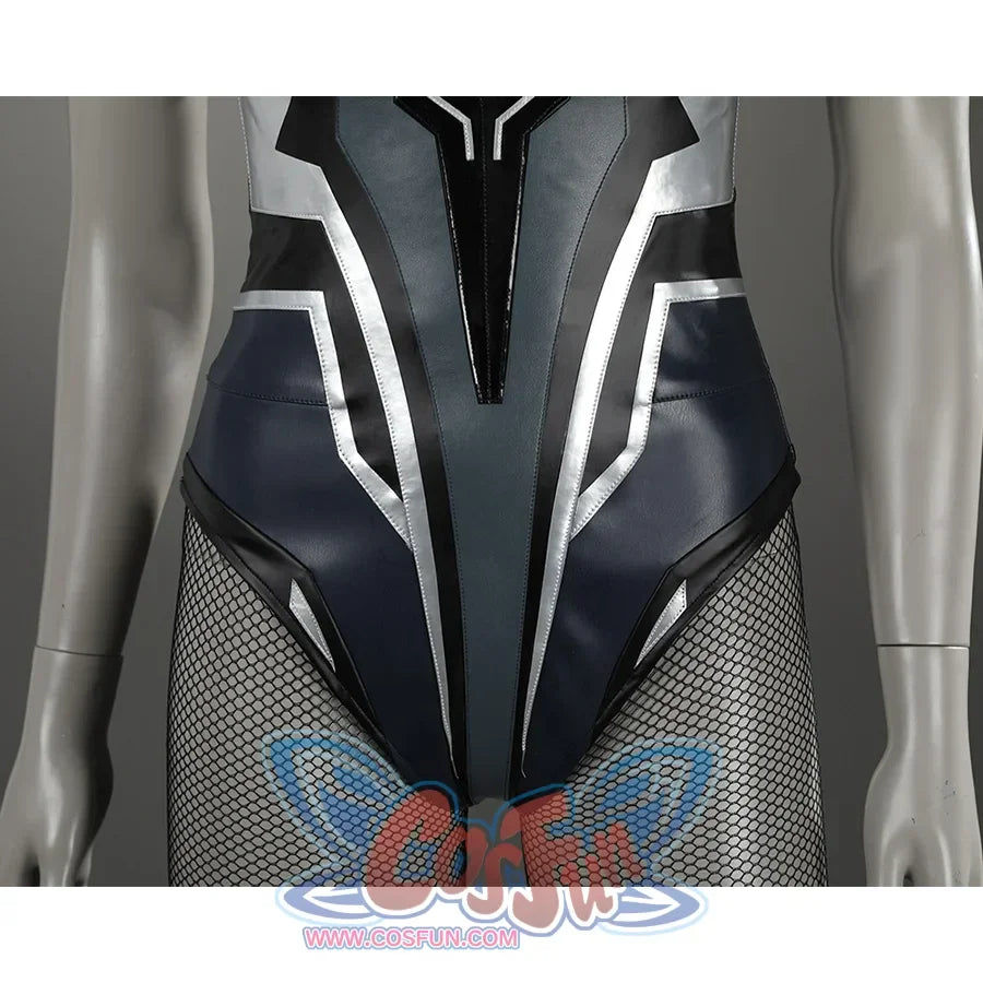 Game Rivals Ororo Munroe Cosplay costume based on a bodysuit, the overall color is dark blue, and there are silver and black stripes on the abdomen.