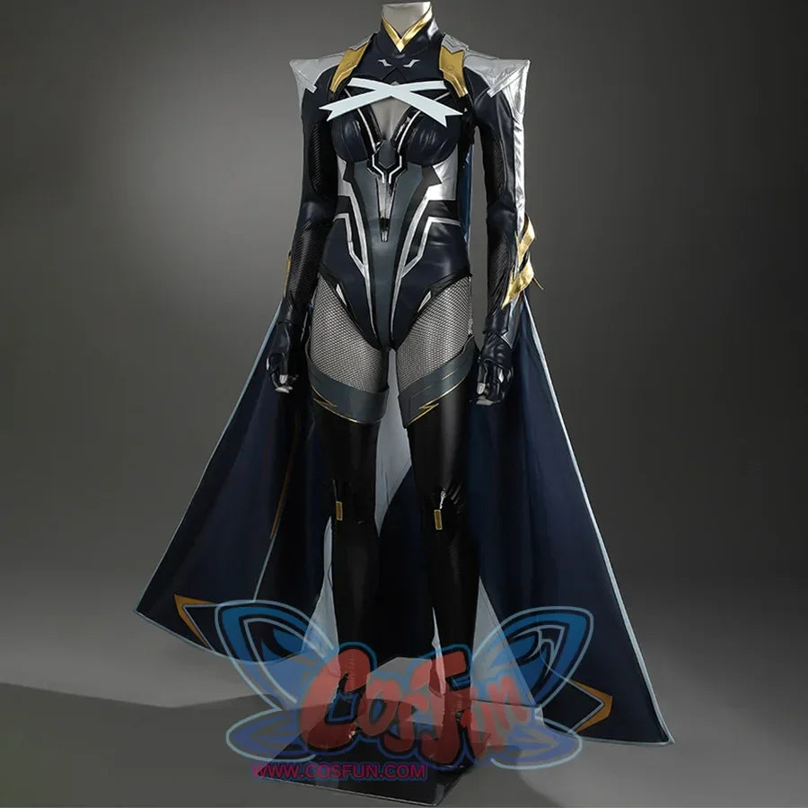 Game Rivals Ororo Munroe Cosplay costume are sexy, the main colors is black and blue, supplemented by gold and silver details, the upper body has metallic shoulder armor and a white cross strap on the chest, paired with leather stockings and a long cape.
