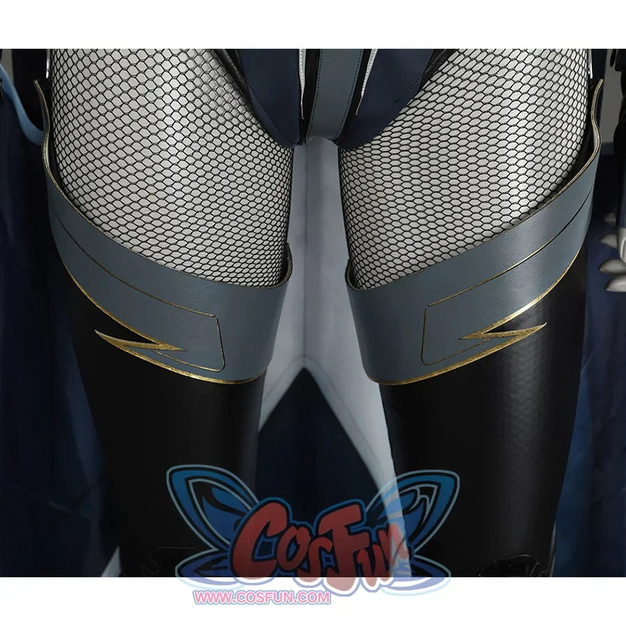 Game Rivals Ororo Munroe Cosplay socks are primarily black with a dark blue band around the top and a gold lightning bolt edge.