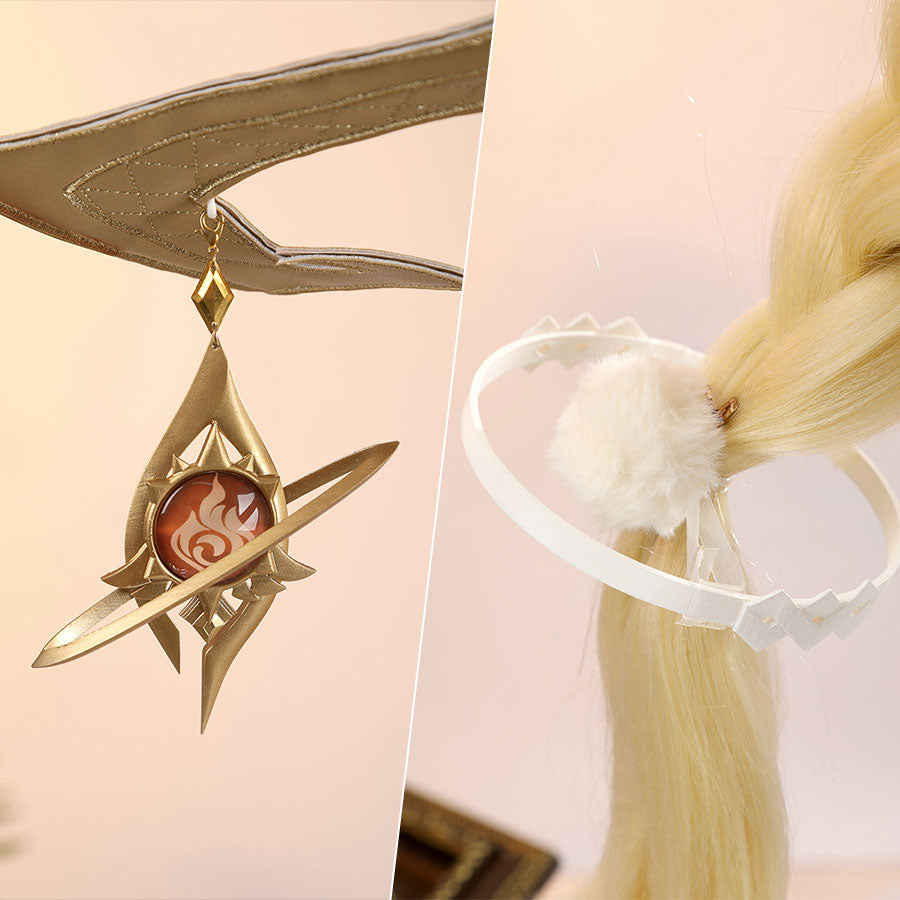 Alice Cosplay Costume detail shots showing golden pendant charm and white cat ears headpiece accessory