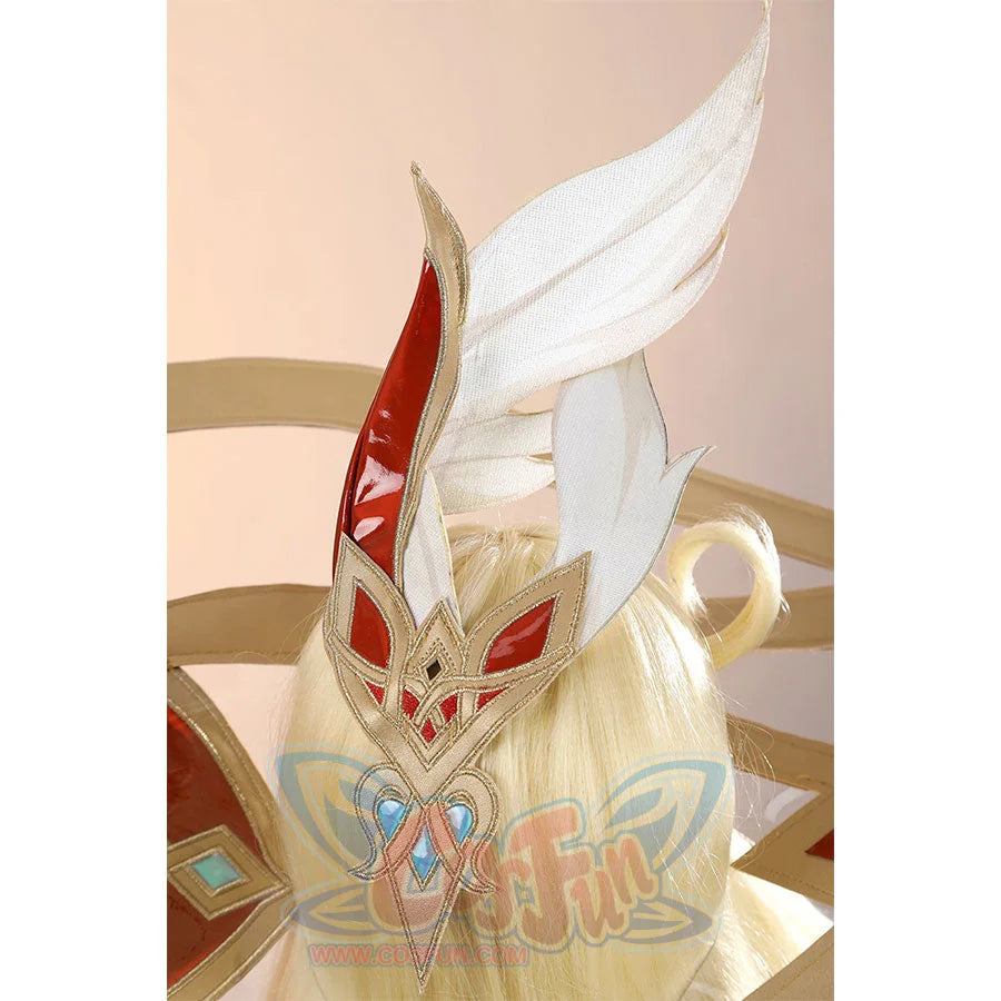 Alice Cosplay Costume close-up of witch hat ornamental wing piece with red and white feather details