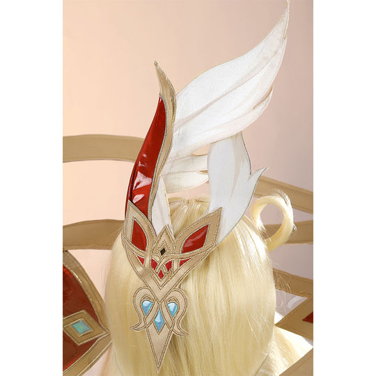 Alice Cosplay Costume close-up of witch hat ornamental wing piece with red and white feather details