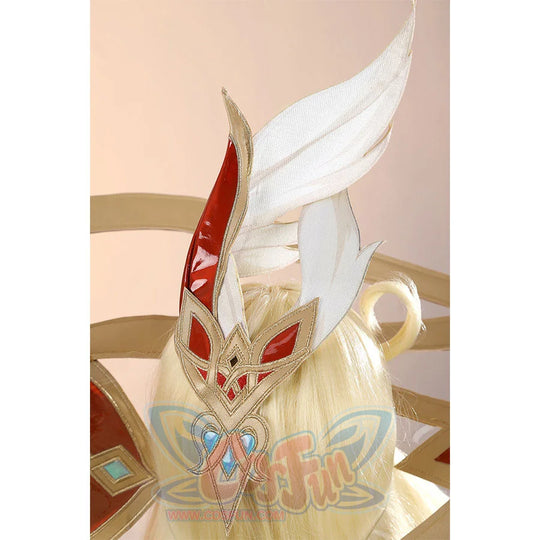 Alice Cosplay Costume close-up of witch hat ornamental wing piece with red and white feather details