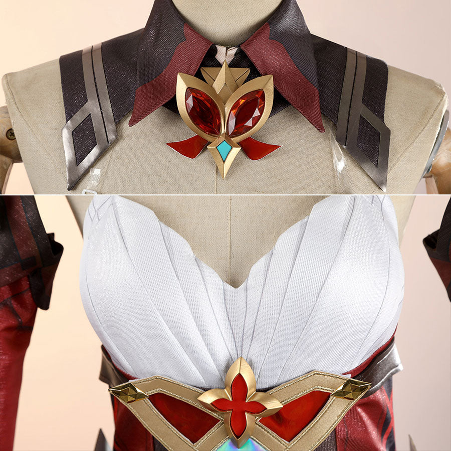 Alice Cosplay Costume detail views of collar brooch and bodice belt with red and gold ornamental pieces