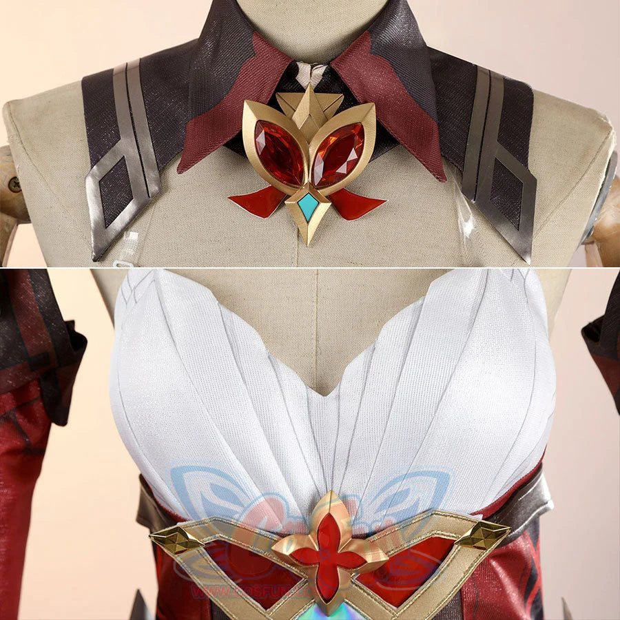 Alice Cosplay Costume detail views of collar brooch and bodice belt with red and gold ornamental pieces