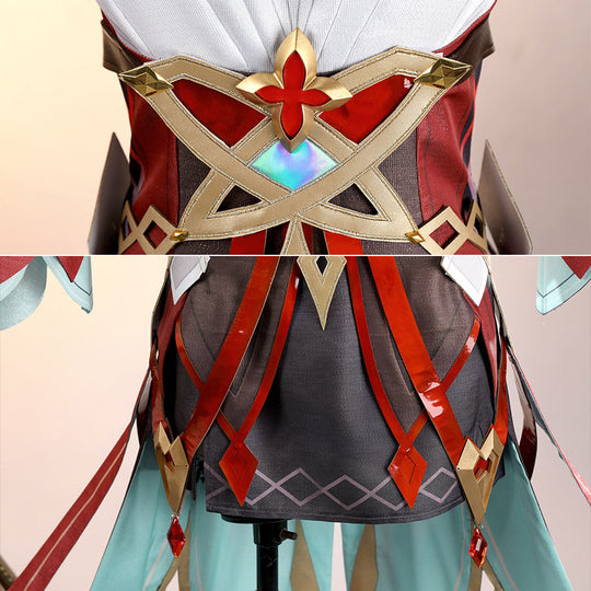 Alice Cosplay Costume close-up of ornate belt buckle with holographic gem and red bodice detailing