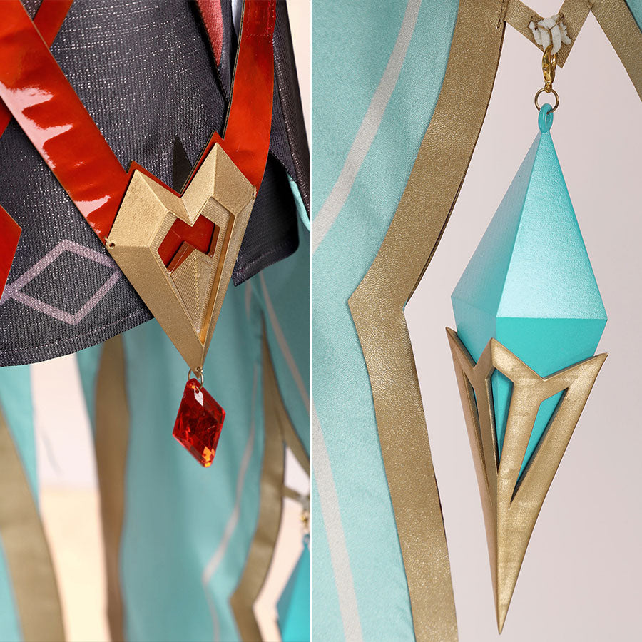 Alice Cosplay Costume detail of teal skirt panels with golden trim and decorative gem charms