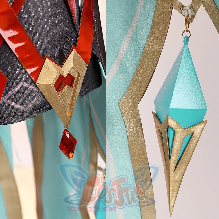 Alice Cosplay Costume detail of teal skirt panels with golden trim and decorative gem charms