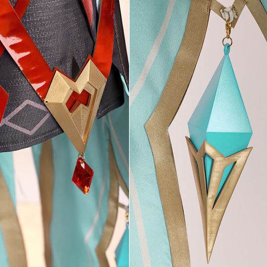 Alice Cosplay Costume detail of teal skirt panels with golden trim and decorative gem charms