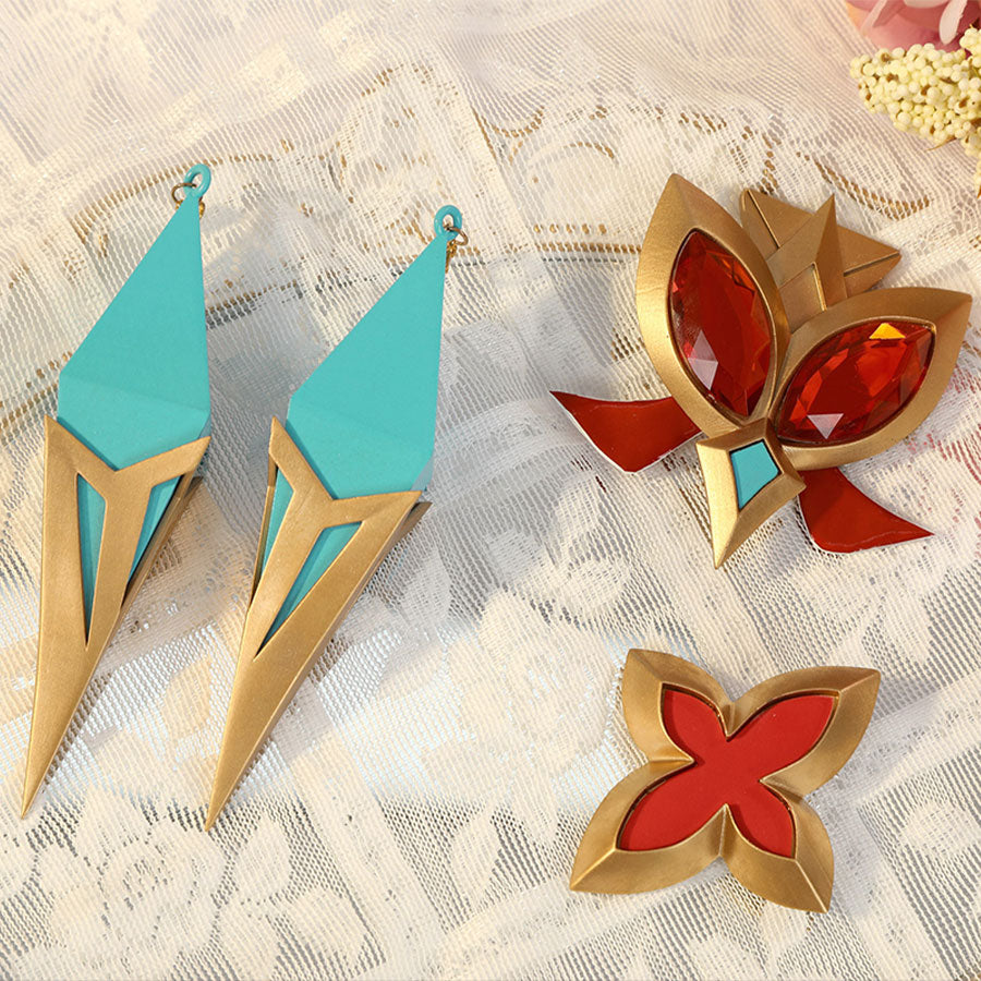 Alice Cosplay Costume accessory props including teal gem pendants and red floral ornament pieces